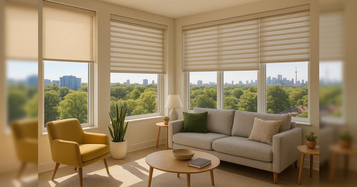 A living room with custom banded shades installed by Kaydzen