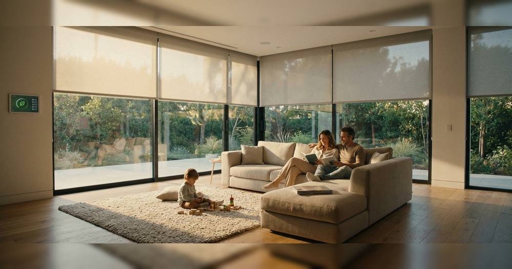 Motorized shades in a modern living room